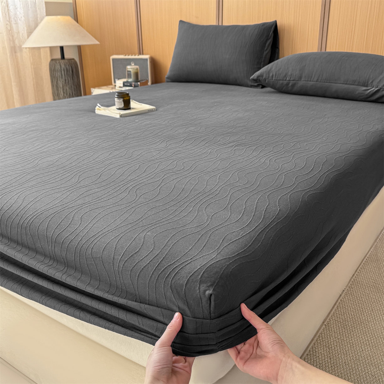 灰鲸 2026新款全棉纯棉三层纱色织提花床笠单品床笠床笠单件 浅忆-素墨