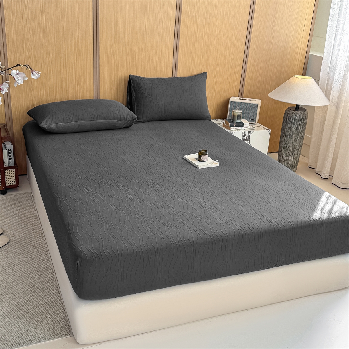 91家纺网 家纺一手货源 找家纺 灰鲸 2026新款全棉纯棉三层纱色织提花床笠单品床笠床笠单件 浅忆-素墨