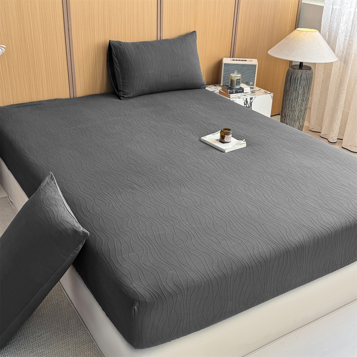 91家纺网 家纺一手货源 找家纺 灰鲸 2026新款全棉纯棉三层纱色织提花床笠单品床笠床笠单件 浅忆-素墨