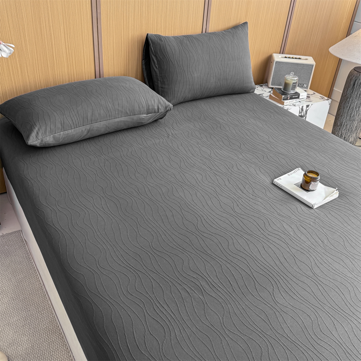 91家纺网 家纺一手货源 找家纺 灰鲸 2026新款全棉纯棉三层纱色织提花床笠单品床笠床笠单件 浅忆-素墨