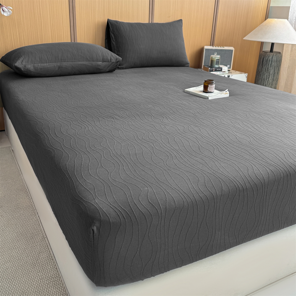 91家纺网 家纺一手货源 找家纺 灰鲸 2026新款全棉纯棉三层纱色织提花床笠单品床笠床笠单件 浅忆-素墨