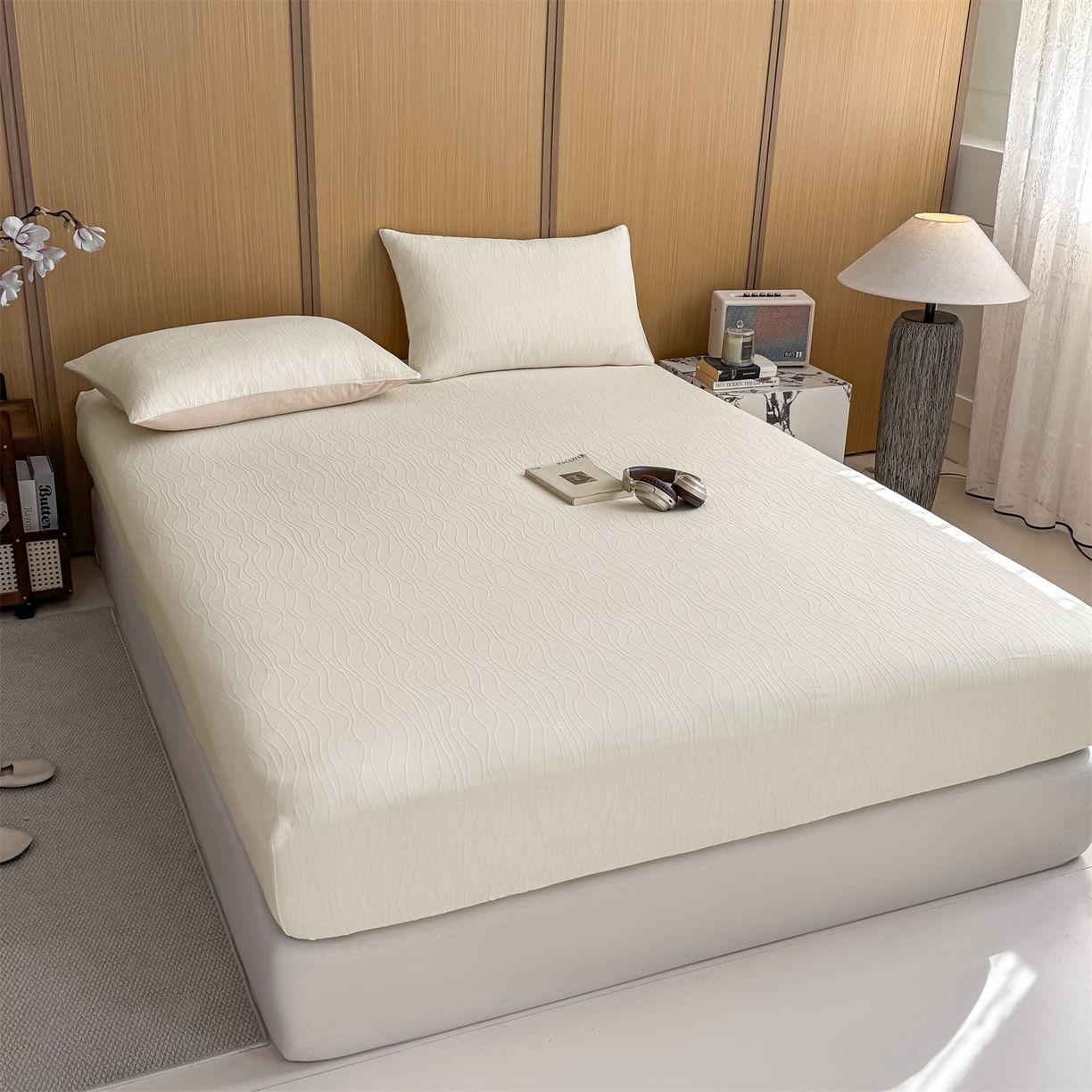 91家纺网 家纺一手货源 找家纺 灰鲸 2026新款全棉纯棉三层纱色织提花床笠单品床笠床笠单件 浅忆-杏仁奶霜