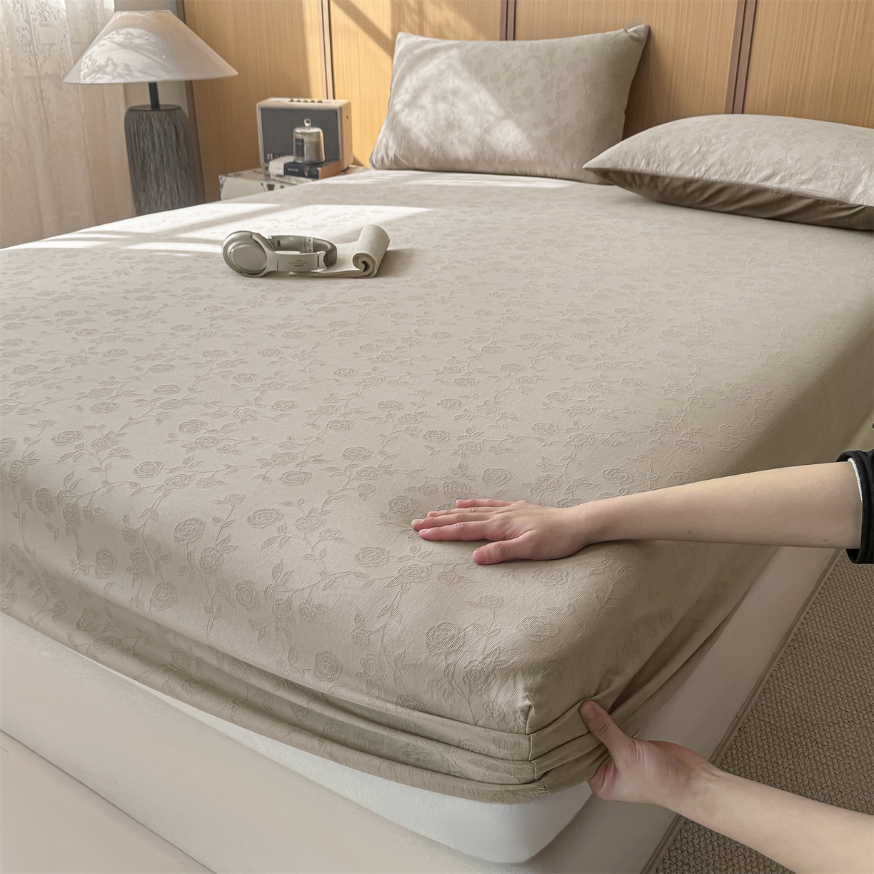 灰鲸 2026新款全棉纯棉三层纱色织提花床笠单品床笠床笠单件 蔷薇-可可奶咖