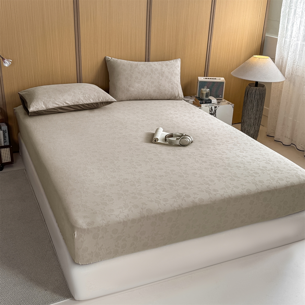 91家纺网 家纺一手货源 找家纺 灰鲸 2026新款全棉纯棉三层纱色织提花床笠单品床笠床笠单件 蔷薇-可可奶咖