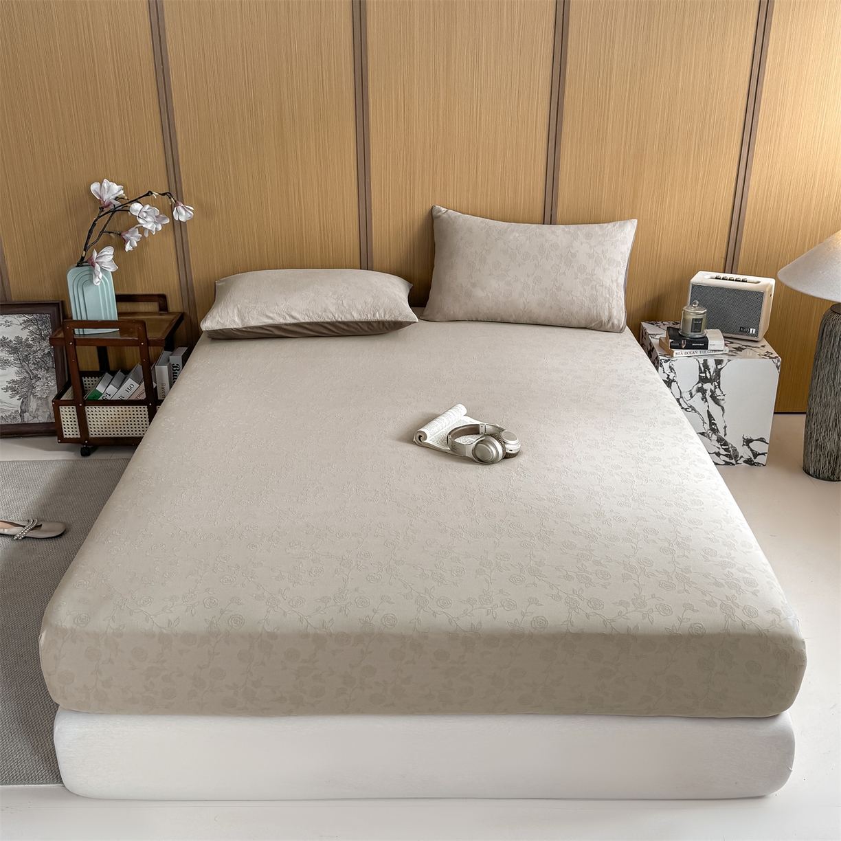 91家纺网 家纺一手货源 找家纺 灰鲸 2026新款全棉纯棉三层纱色织提花床笠单品床笠床笠单件 蔷薇-可可奶咖