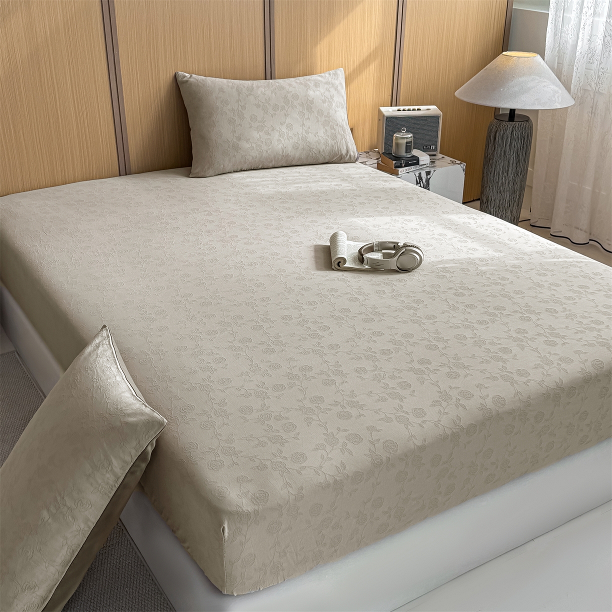 91家纺网 家纺一手货源 找家纺 灰鲸 2026新款全棉纯棉三层纱色织提花床笠单品床笠床笠单件 蔷薇-可可奶咖