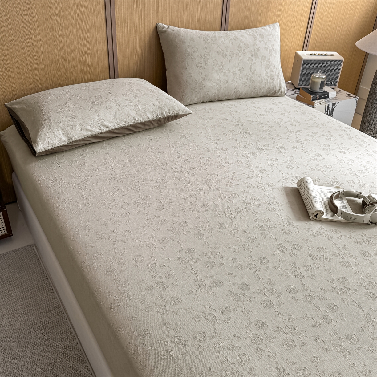 91家纺网 家纺一手货源 找家纺 灰鲸 2026新款全棉纯棉三层纱色织提花床笠单品床笠床笠单件 蔷薇-可可奶咖