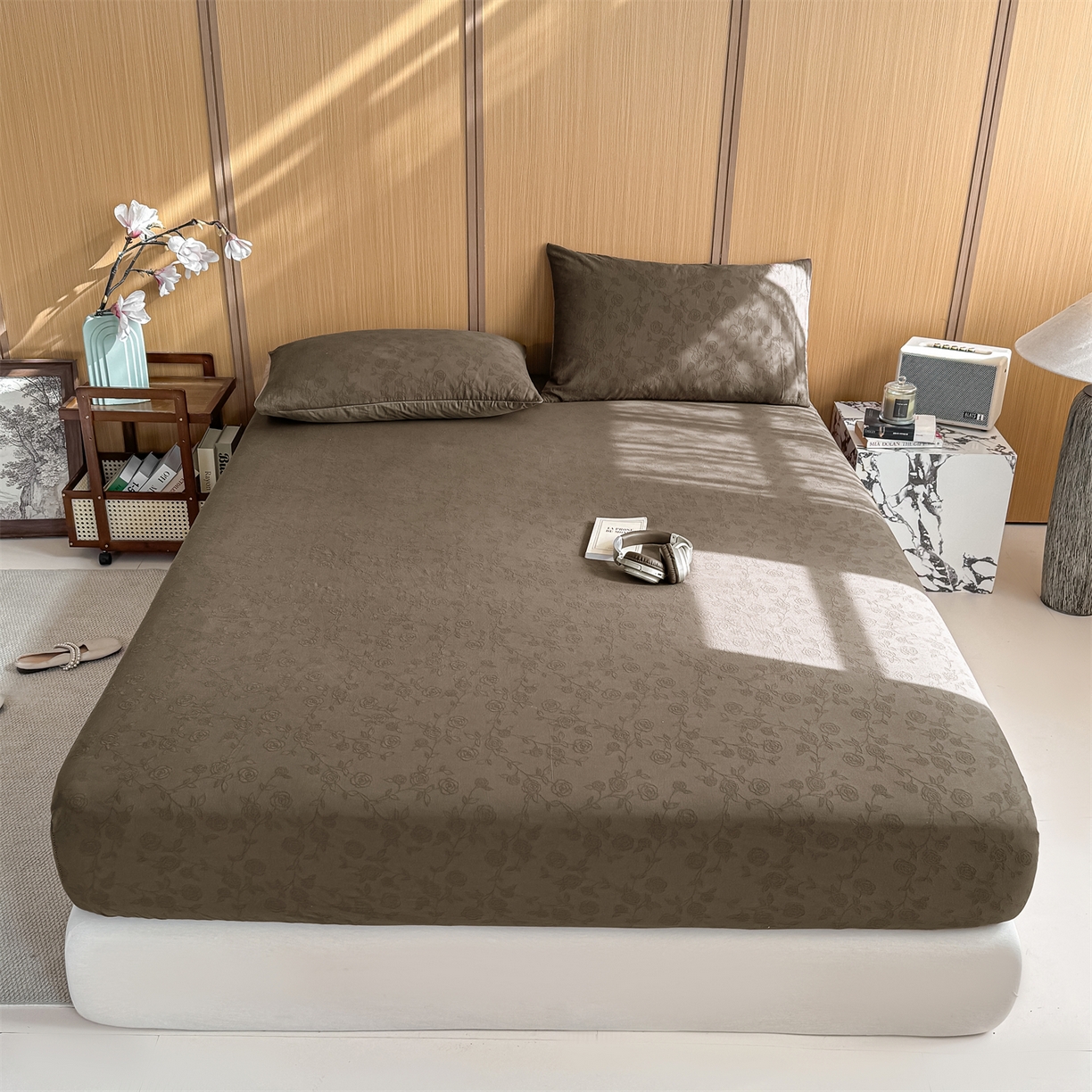 91家纺网 家纺一手货源 找家纺 灰鲸 2026新款全棉纯棉三层纱色织提花床笠单品床笠床笠单件 蔷薇-摩卡