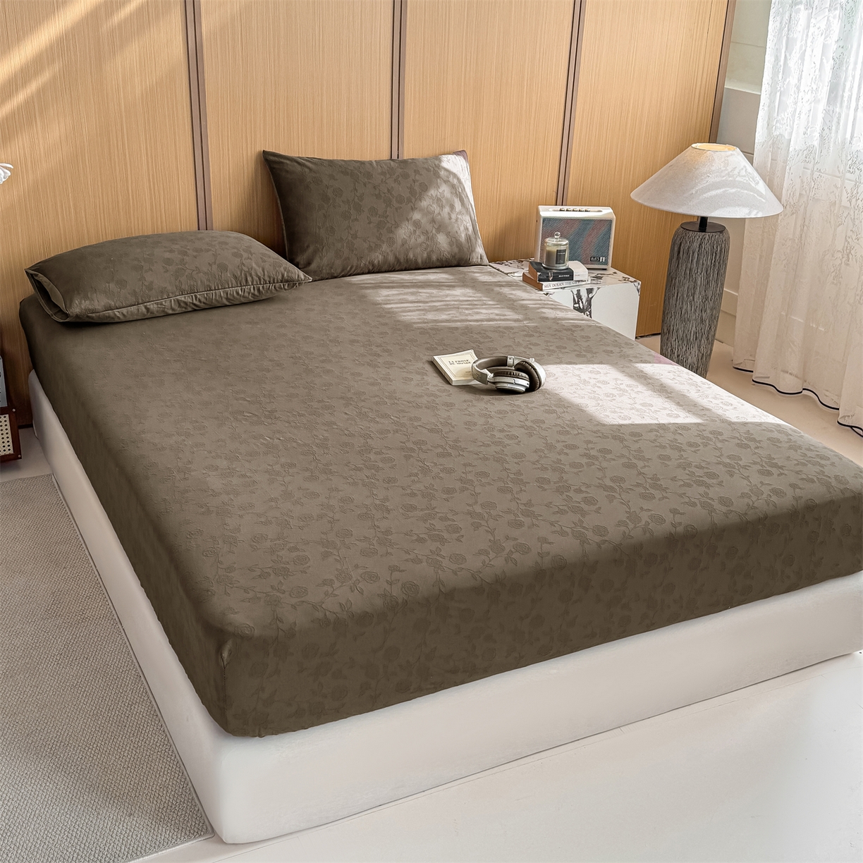 91家纺网 家纺一手货源 找家纺 灰鲸 2026新款全棉纯棉三层纱色织提花床笠单品床笠床笠单件 蔷薇-摩卡