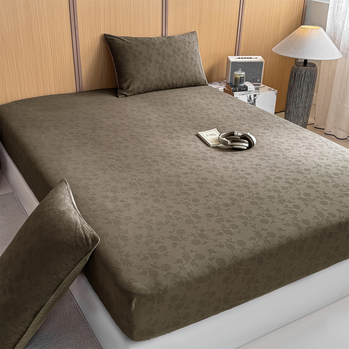 91家纺网 家纺一手货源 找家纺 灰鲸 2026新款全棉纯棉三层纱色织提花床笠单品床笠床笠单件 蔷薇-摩卡