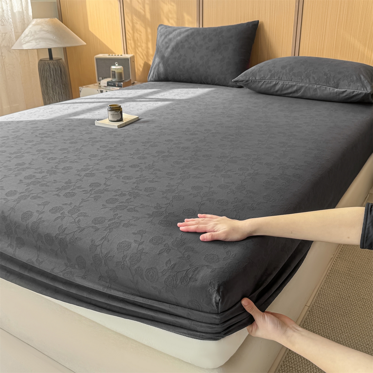 灰鲸 2026新款全棉纯棉三层纱色织提花床笠单品床笠床笠单件 蔷薇-素墨