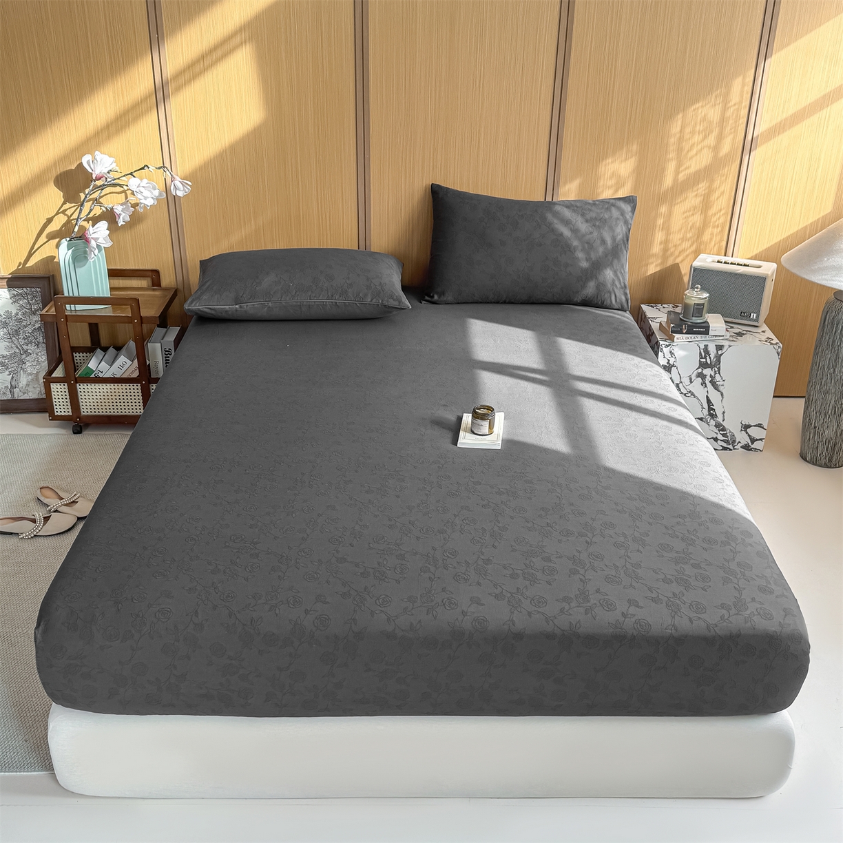 91家纺网 家纺一手货源 找家纺 灰鲸 2026新款全棉纯棉三层纱色织提花床笠单品床笠床笠单件 蔷薇-素墨