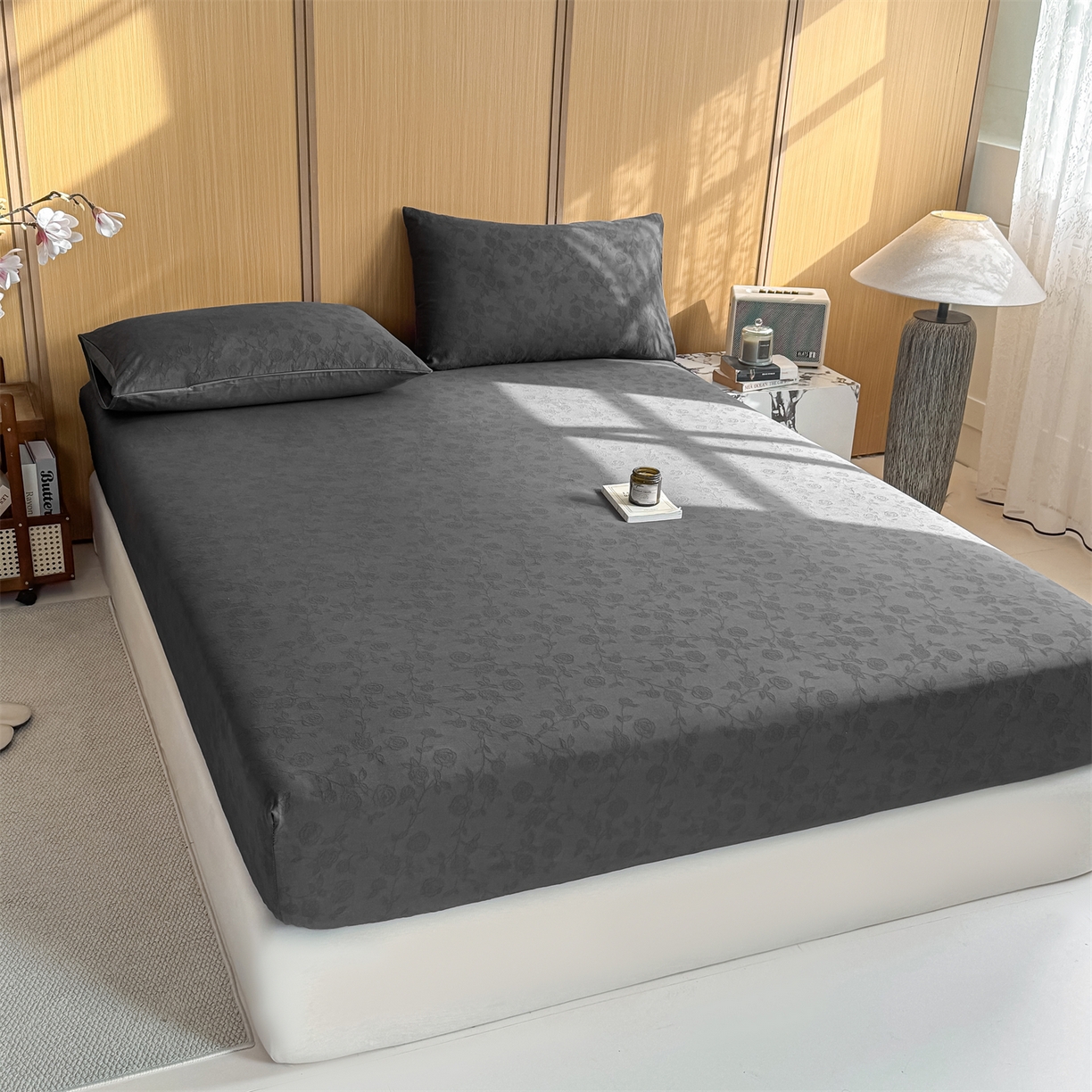 91家纺网 家纺一手货源 找家纺 灰鲸 2026新款全棉纯棉三层纱色织提花床笠单品床笠床笠单件 蔷薇-素墨