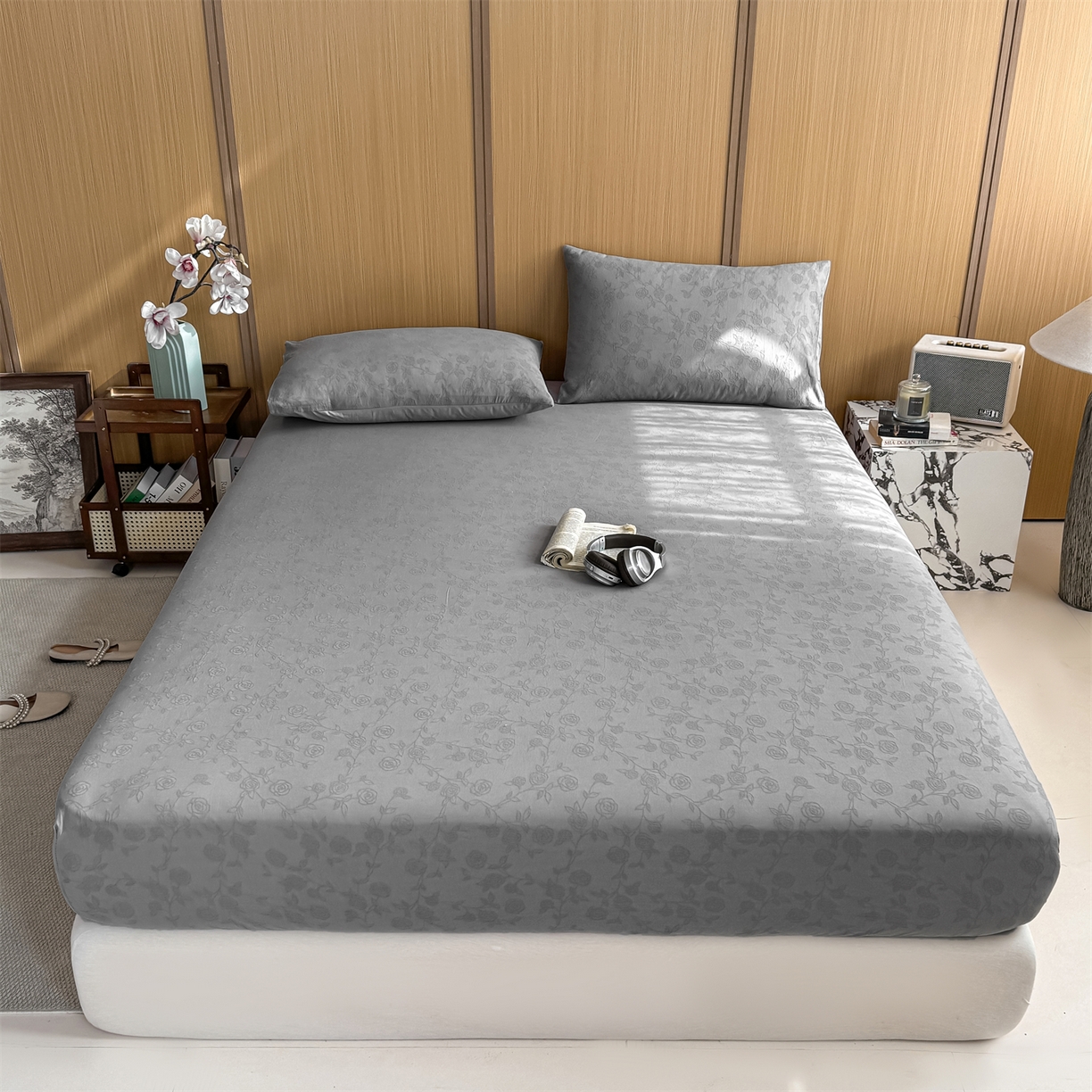 91家纺网 家纺一手货源 找家纺 灰鲸 2026新款全棉纯棉三层纱色织提花床笠单品床笠床笠单件 蔷薇-雾灰