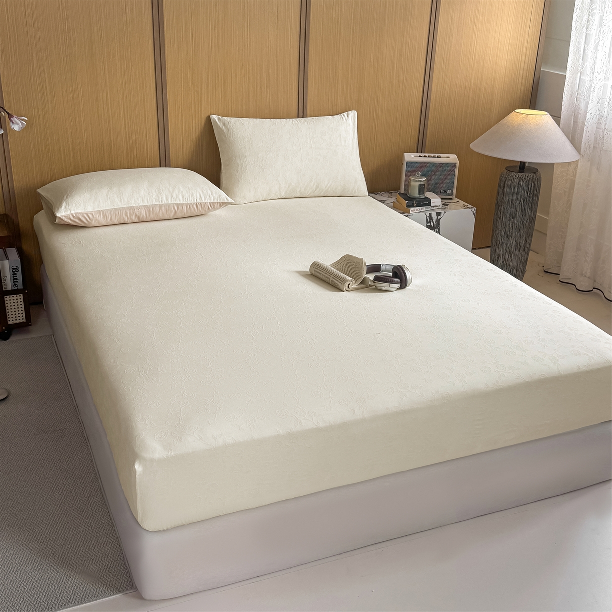 91家纺网 家纺一手货源 找家纺 灰鲸 2026新款全棉纯棉三层纱色织提花床笠单品床笠床笠单件 蔷薇-杏仁奶霜