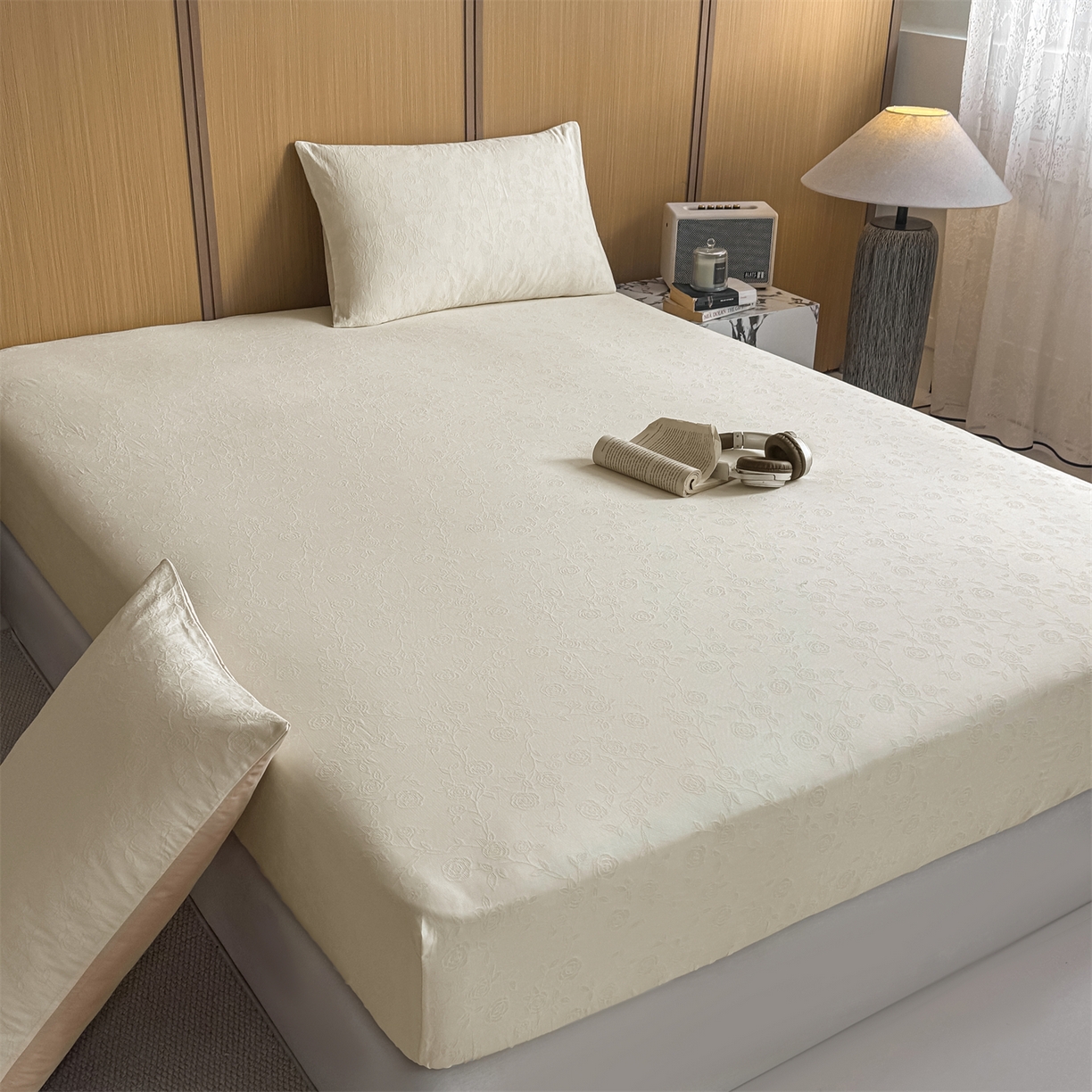 91家纺网 家纺一手货源 找家纺 灰鲸 2026新款全棉纯棉三层纱色织提花床笠单品床笠床笠单件 蔷薇-杏仁奶霜