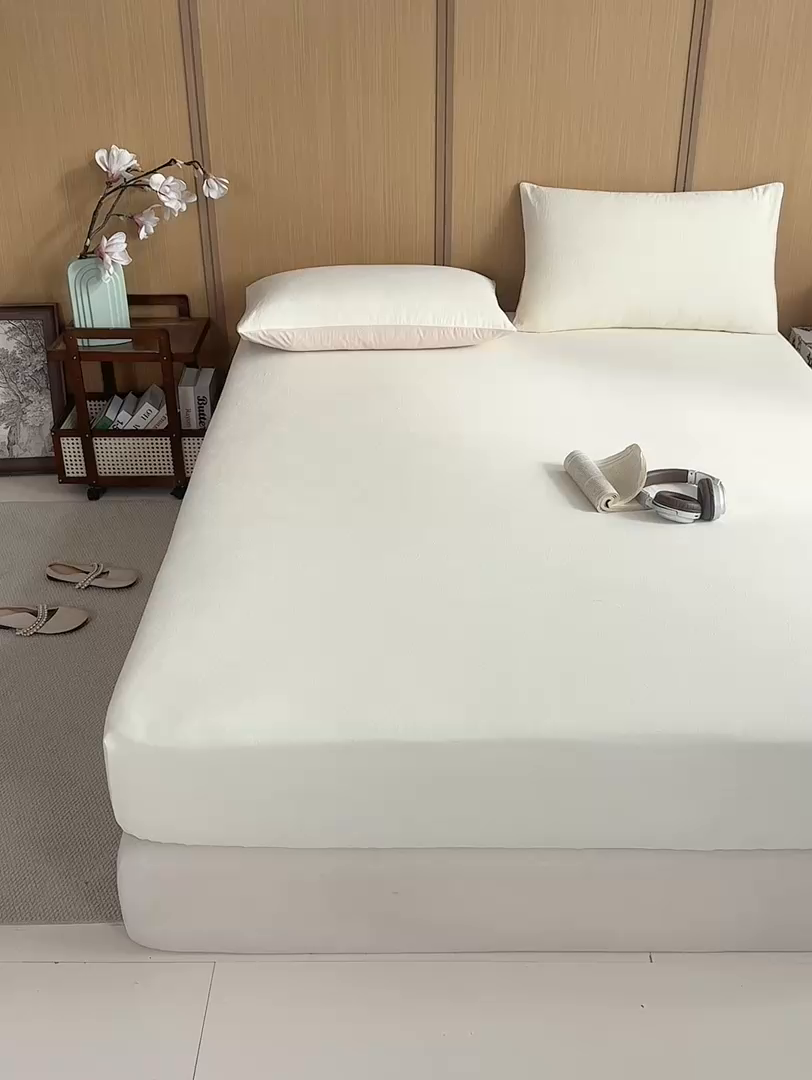 91家纺网 家纺一手货源 找家纺 灰鲸 2026新款全棉纯棉三层纱色织提花床笠单品床笠床笠单件 蔷薇-杏仁奶霜