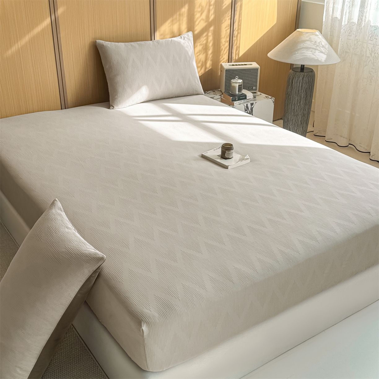 91家纺网 家纺一手货源 找家纺 灰鲸 2026新款全棉纯棉三层纱色织提花床笠单品床笠床笠单件 影韵-可可奶咖