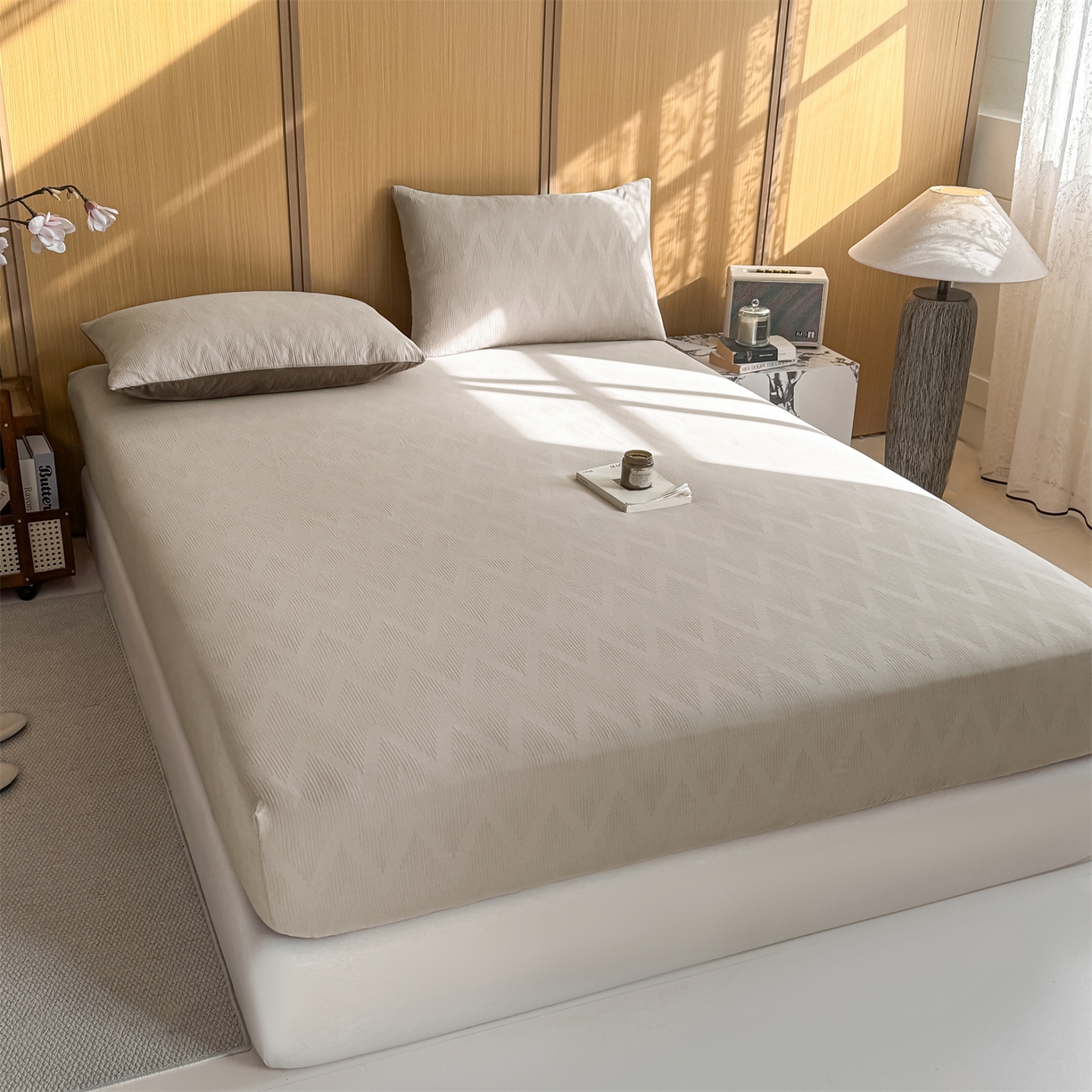 91家纺网 家纺一手货源 找家纺 灰鲸 2026新款全棉纯棉三层纱色织提花床笠单品床笠床笠单件 影韵-可可奶咖