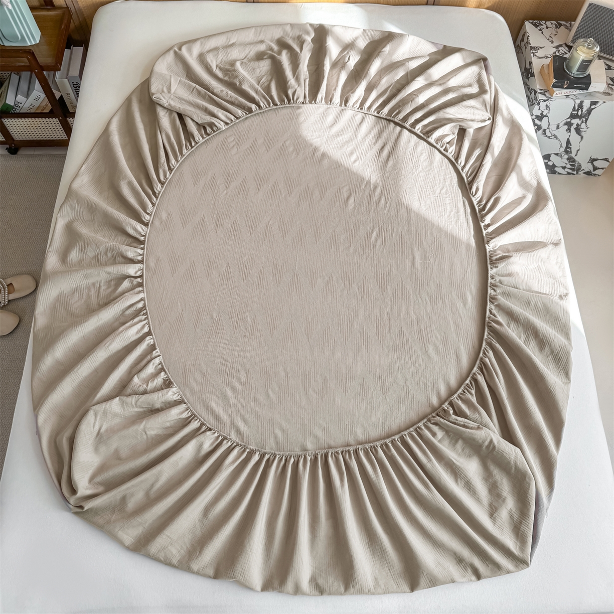 91家纺网 家纺一手货源 找家纺 灰鲸 2026新款全棉纯棉三层纱色织提花床笠单品床笠床笠单件 影韵-可可奶咖