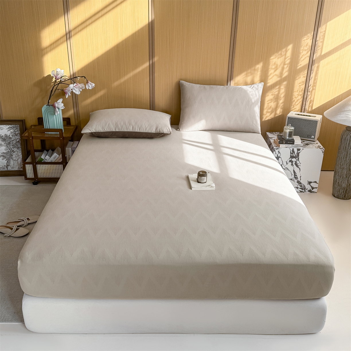 91家纺网 家纺一手货源 找家纺 灰鲸 2026新款全棉纯棉三层纱色织提花床笠单品床笠床笠单件 影韵-可可奶咖