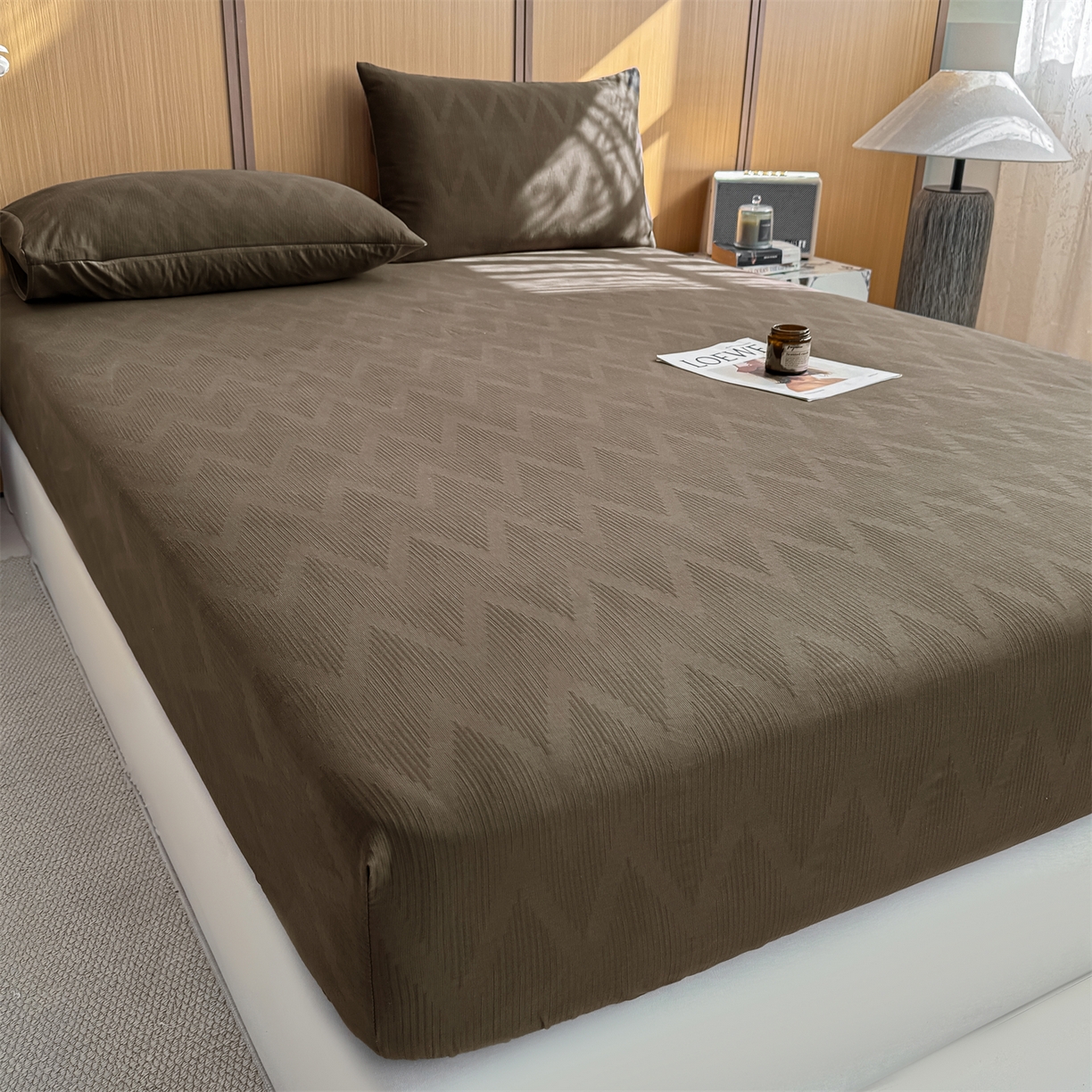 91家纺网 家纺一手货源 找家纺 灰鲸 2026新款全棉纯棉三层纱色织提花床笠单品床笠床笠单件 影韵-摩卡