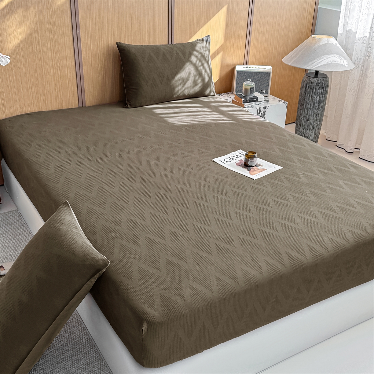 91家纺网 家纺一手货源 找家纺 灰鲸 2026新款全棉纯棉三层纱色织提花床笠单品床笠床笠单件 影韵-摩卡