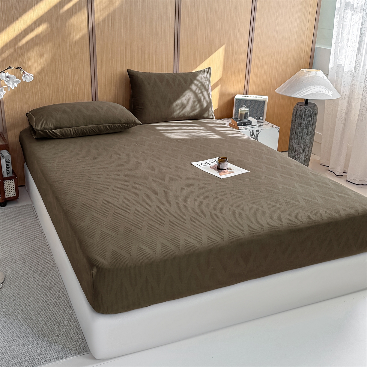 91家纺网 家纺一手货源 找家纺 灰鲸 2026新款全棉纯棉三层纱色织提花床笠单品床笠床笠单件 影韵-摩卡