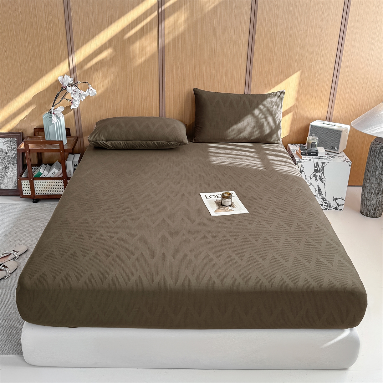 91家纺网 家纺一手货源 找家纺 灰鲸 2026新款全棉纯棉三层纱色织提花床笠单品床笠床笠单件 影韵-摩卡