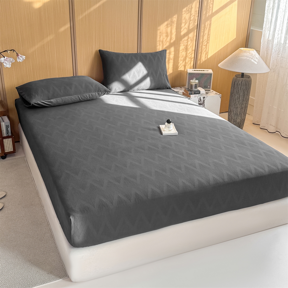 91家纺网 家纺一手货源 找家纺 灰鲸 2026新款全棉纯棉三层纱色织提花床笠单品床笠床笠单件 影韵-素墨