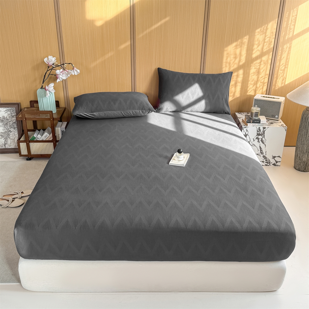 91家纺网 家纺一手货源 找家纺 灰鲸 2026新款全棉纯棉三层纱色织提花床笠单品床笠床笠单件 影韵-素墨