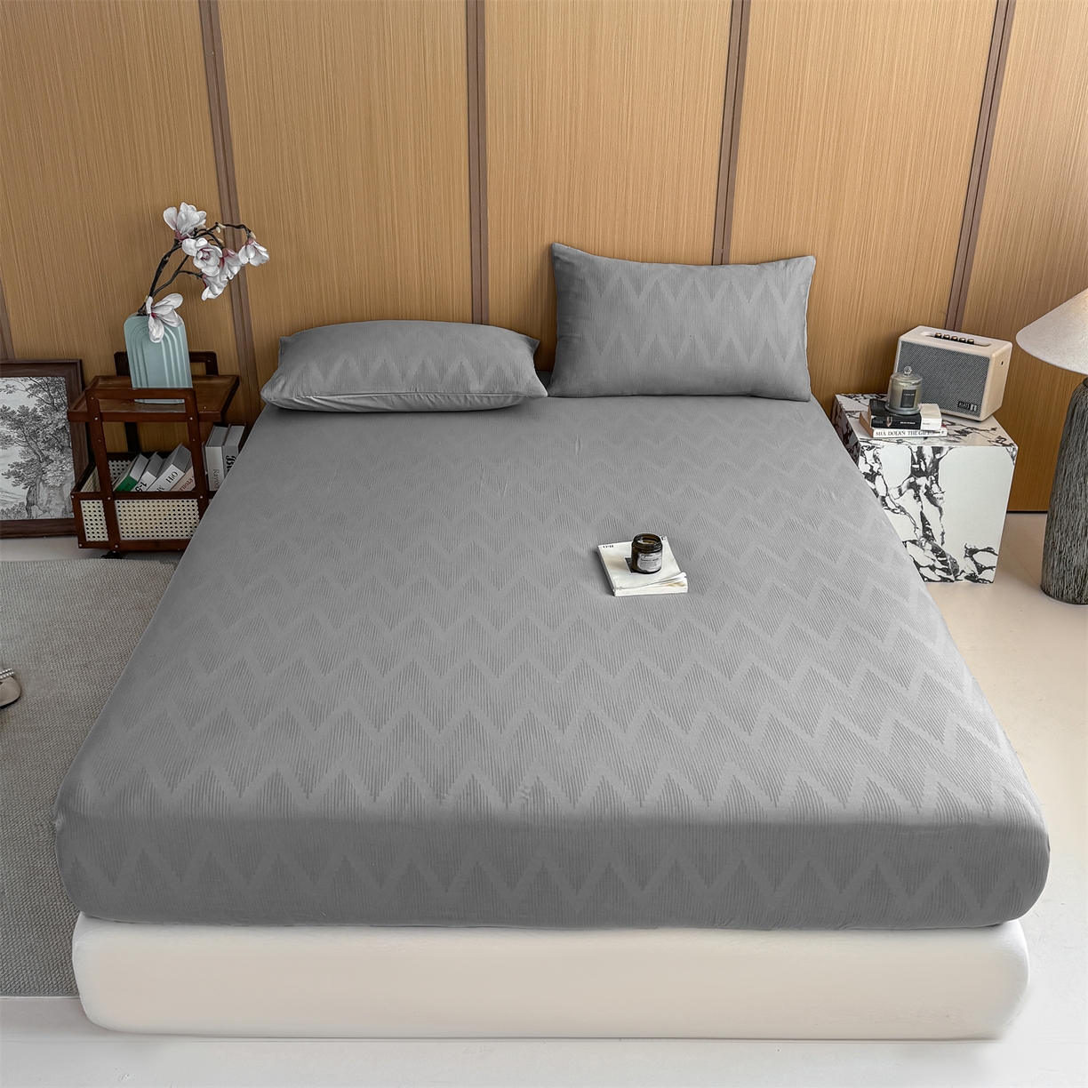 91家纺网 家纺一手货源 找家纺 灰鲸 2026新款全棉纯棉三层纱色织提花床笠单品床笠床笠单件 影韵-雾灰