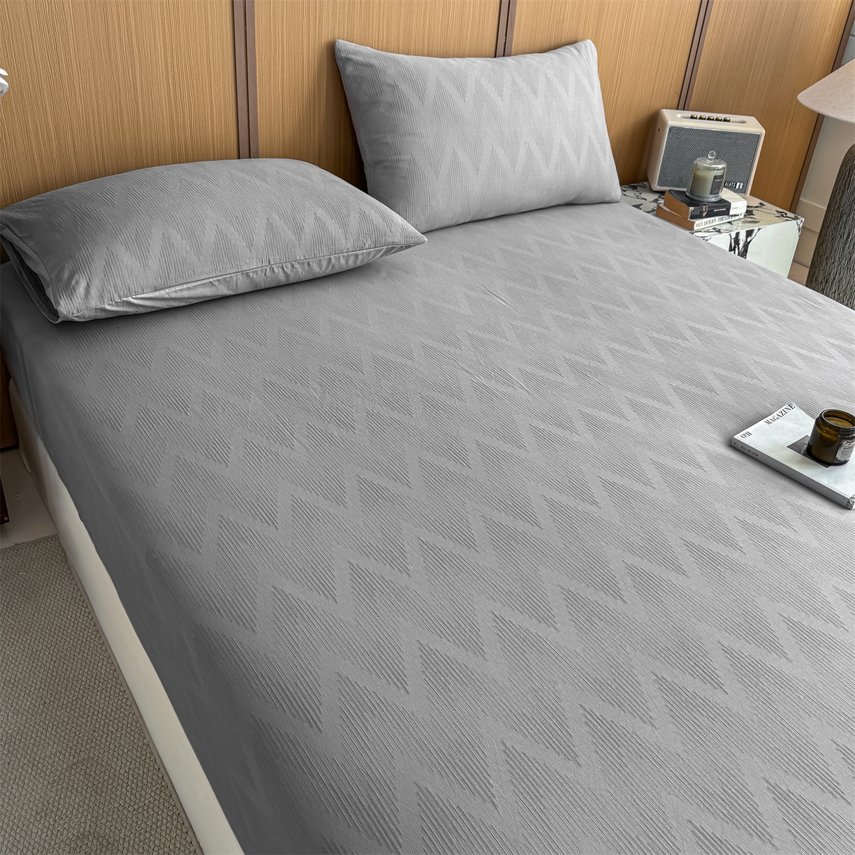 91家纺网 家纺一手货源 找家纺 灰鲸 2026新款全棉纯棉三层纱色织提花床笠单品床笠床笠单件 影韵-雾灰