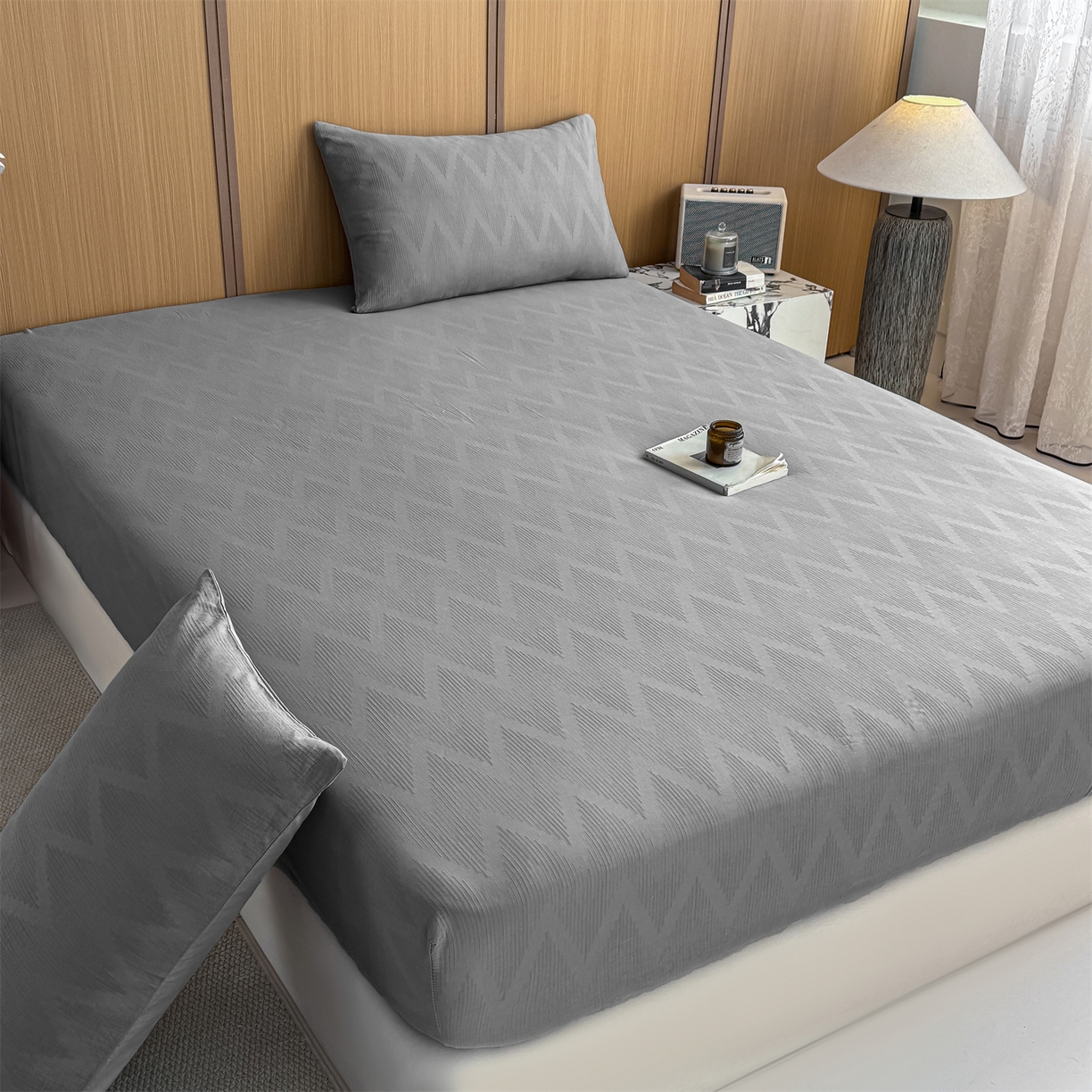 91家纺网 家纺一手货源 找家纺 灰鲸 2026新款全棉纯棉三层纱色织提花床笠单品床笠床笠单件 影韵-雾灰