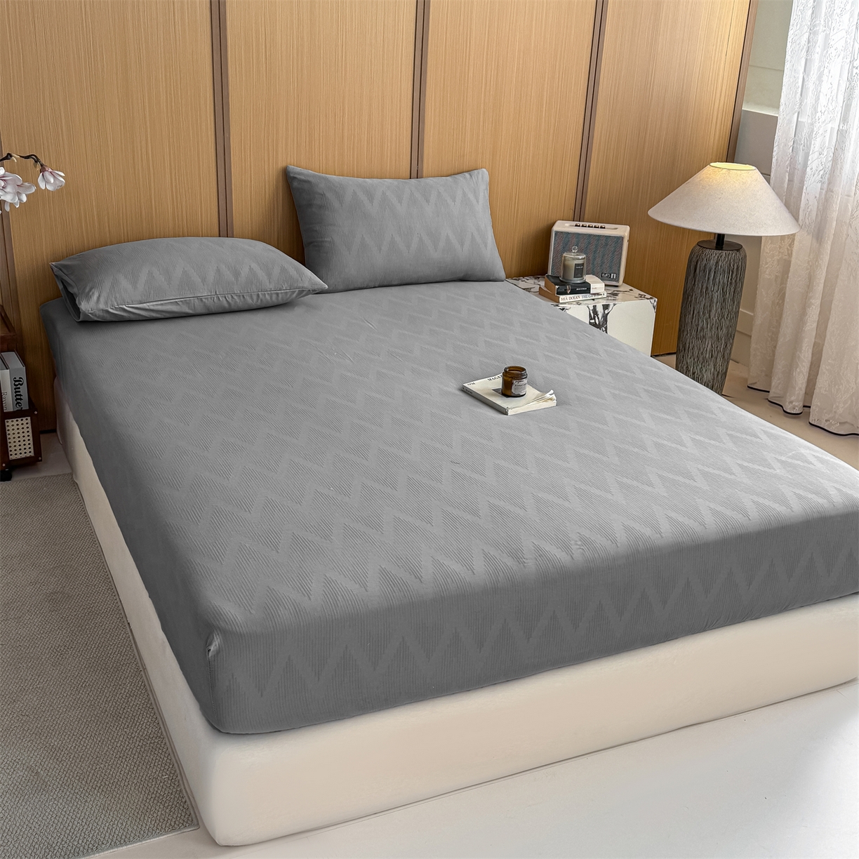 91家纺网 家纺一手货源 找家纺 灰鲸 2026新款全棉纯棉三层纱色织提花床笠单品床笠床笠单件 影韵-雾灰