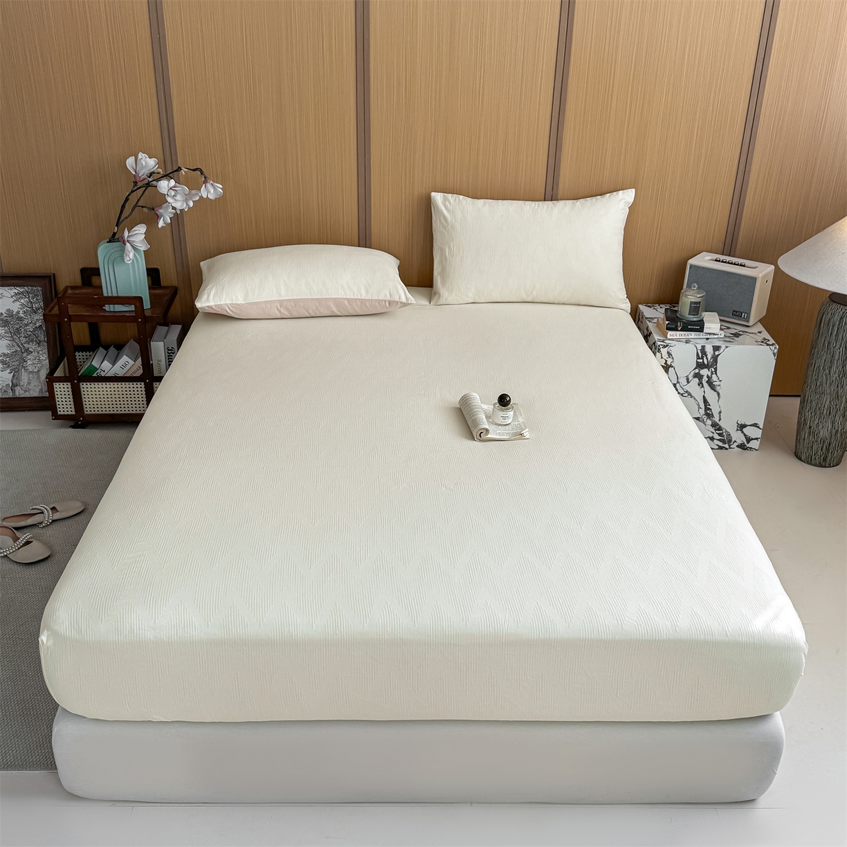 91家纺网 家纺一手货源 找家纺 灰鲸 2026新款全棉纯棉三层纱色织提花床笠单品床笠床笠单件 影韵-杏仁奶霜