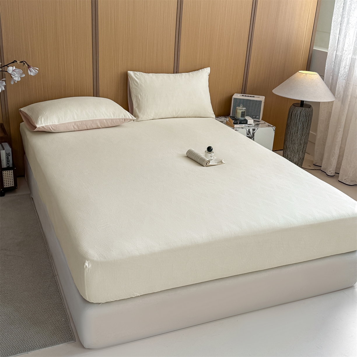 91家纺网 家纺一手货源 找家纺 灰鲸 2026新款全棉纯棉三层纱色织提花床笠单品床笠床笠单件 影韵-杏仁奶霜