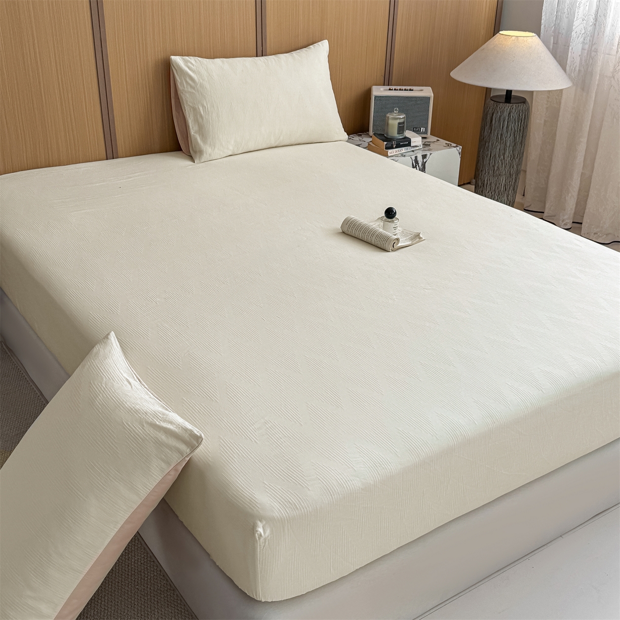 91家纺网 家纺一手货源 找家纺 灰鲸 2026新款全棉纯棉三层纱色织提花床笠单品床笠床笠单件 影韵-杏仁奶霜