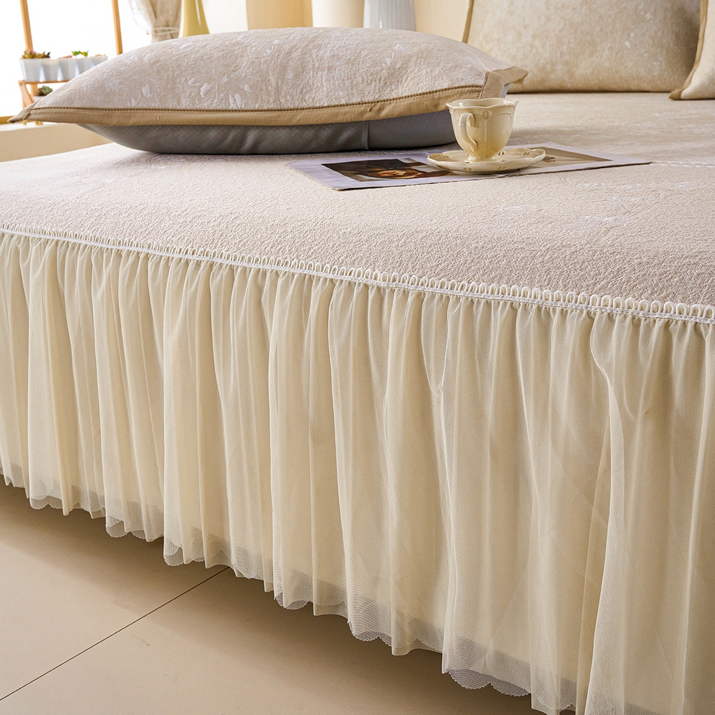 91家纺网 家纺一手货源 找家纺 莱家富 2026新款A类凉感豆豆席-床裙款 床裙款-喜上眉梢米色