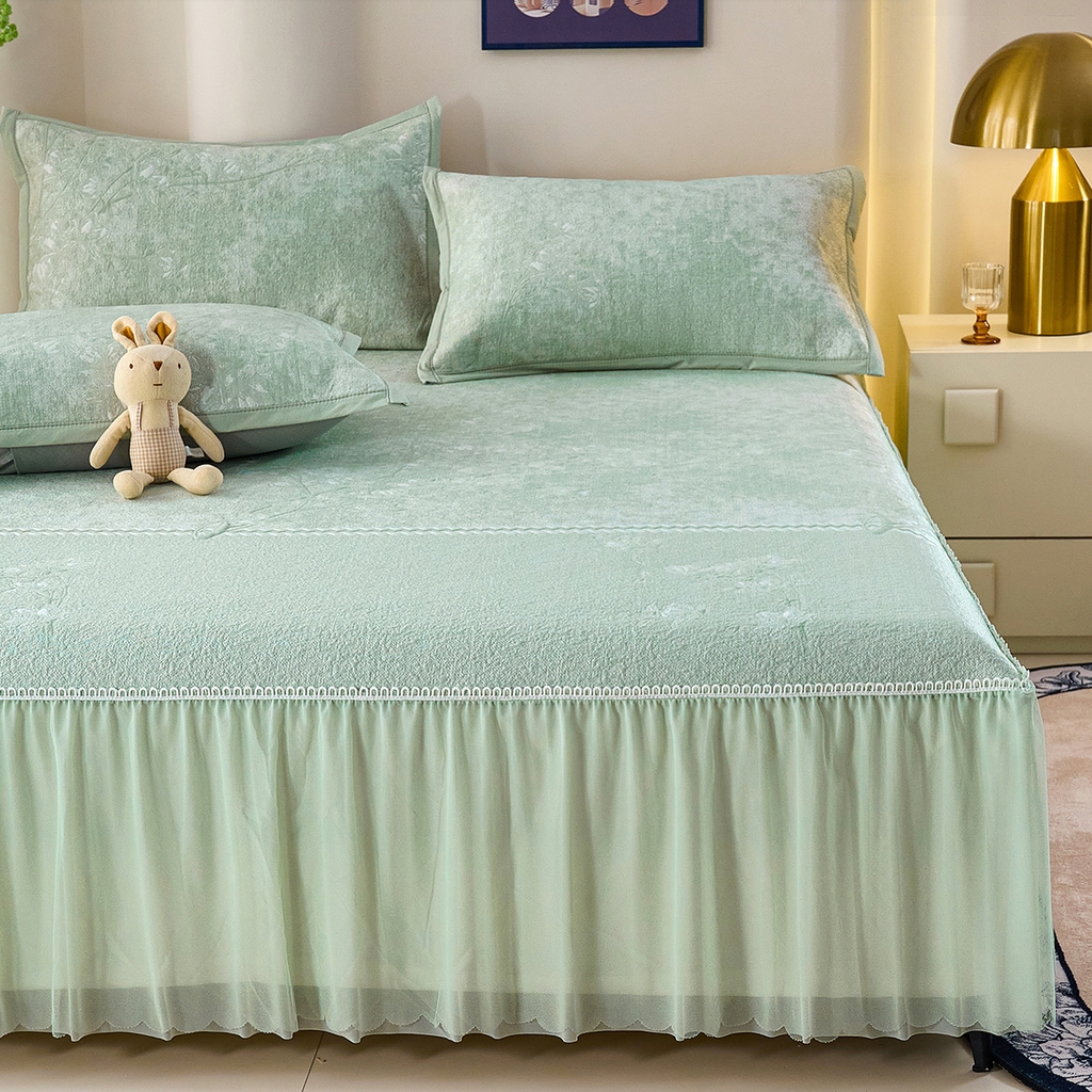 91家纺网 家纺一手货源 找家纺 莱家富 2026新款A类凉感豆豆席-床裙款 床裙款-喜上眉梢绿色