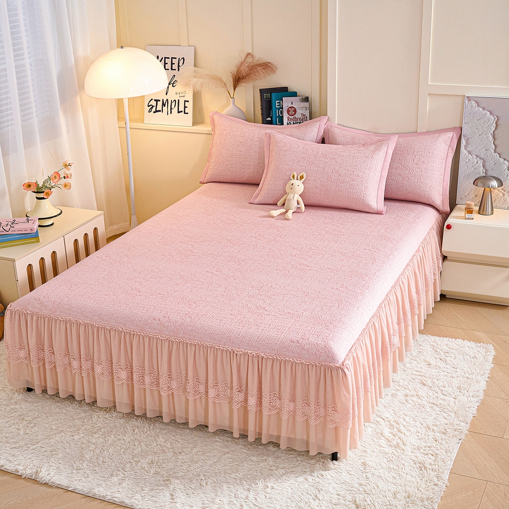 91家纺网 家纺一手货源 找家纺 莱家富 2026新款A类凉感豆豆席-床裙款 床裙款-小清新粉色