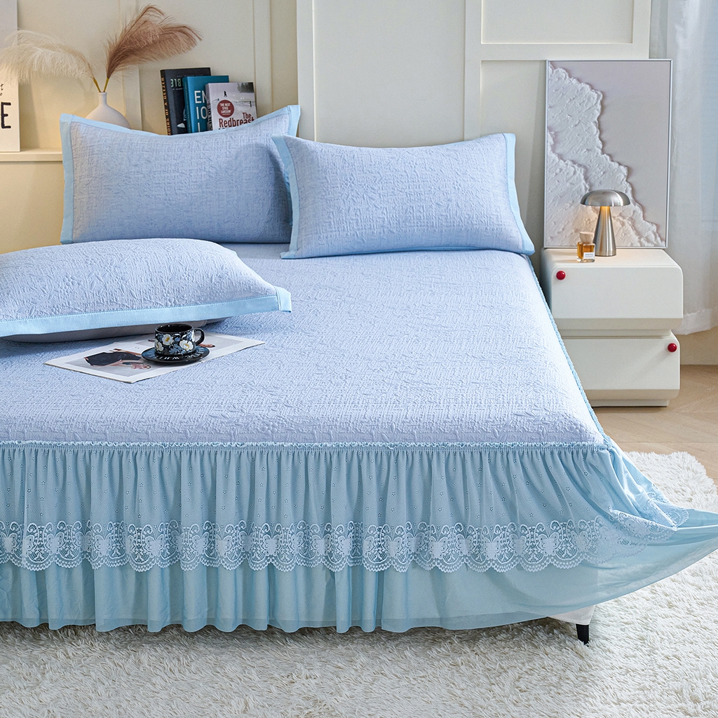 91家纺网 家纺一手货源 找家纺 莱家富 2026新款A类凉感豆豆席-床裙款 床裙款-小清新蓝色