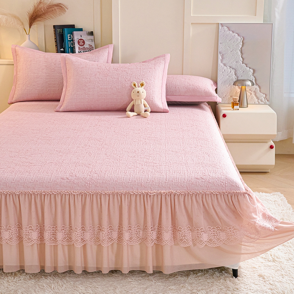 91家纺网 家纺一手货源 找家纺 莱家富 2026新款A类凉感豆豆席-床裙款 床裙款-小清新粉色