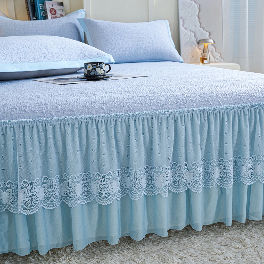 91家纺网 家纺一手货源 找家纺 莱家富 2026新款A类凉感豆豆席-床裙款 床裙款-小清新蓝色