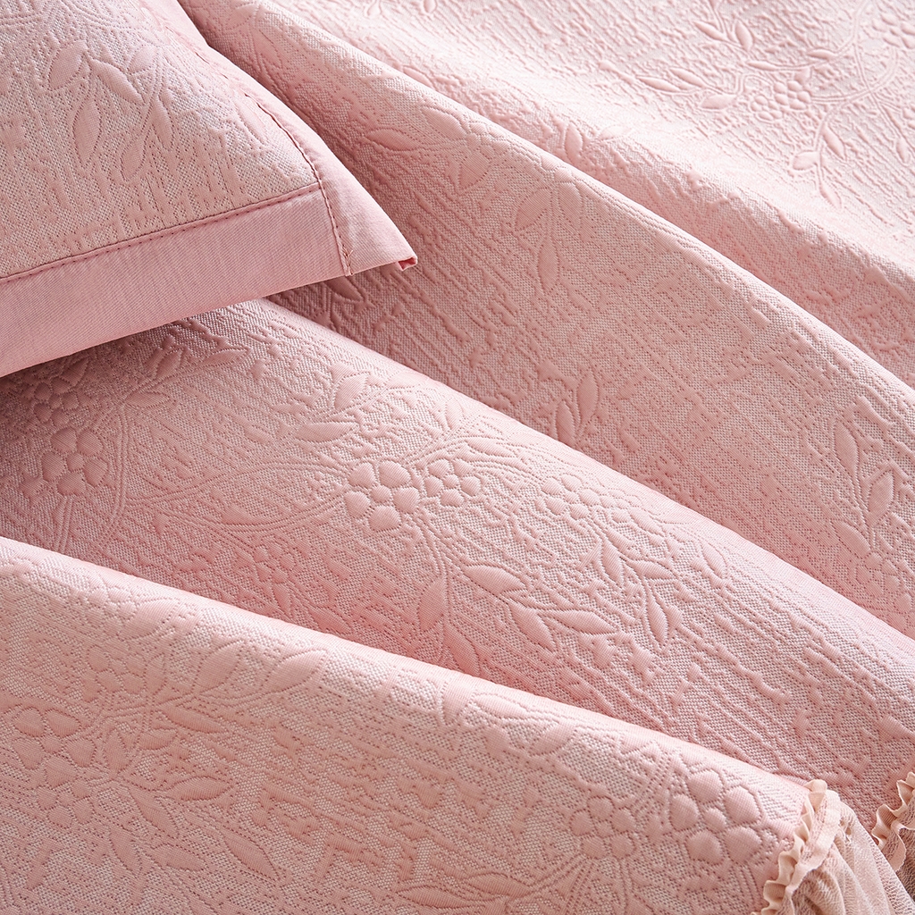 91家纺网 家纺一手货源 找家纺 莱家富 2026新款A类凉感豆豆席-床裙款 床裙款-小清新粉色