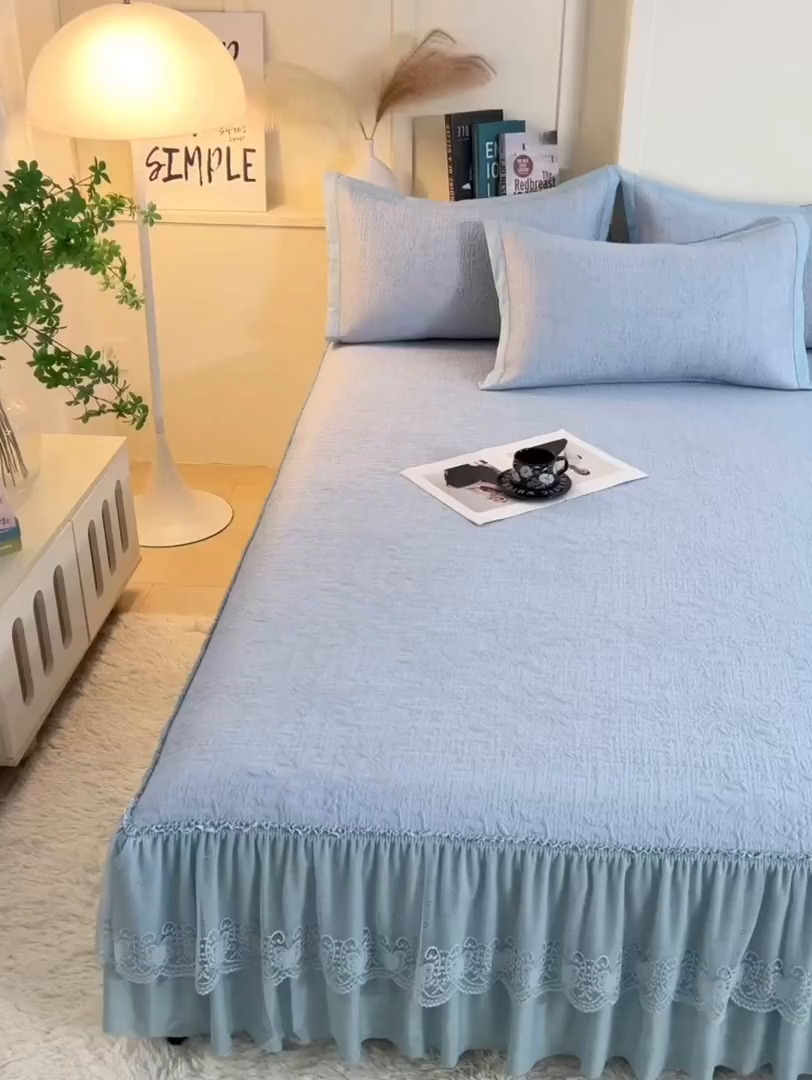 91家纺网 家纺一手货源 找家纺 莱家富 2026新款A类凉感豆豆席-床裙款 床裙款-小清新蓝色