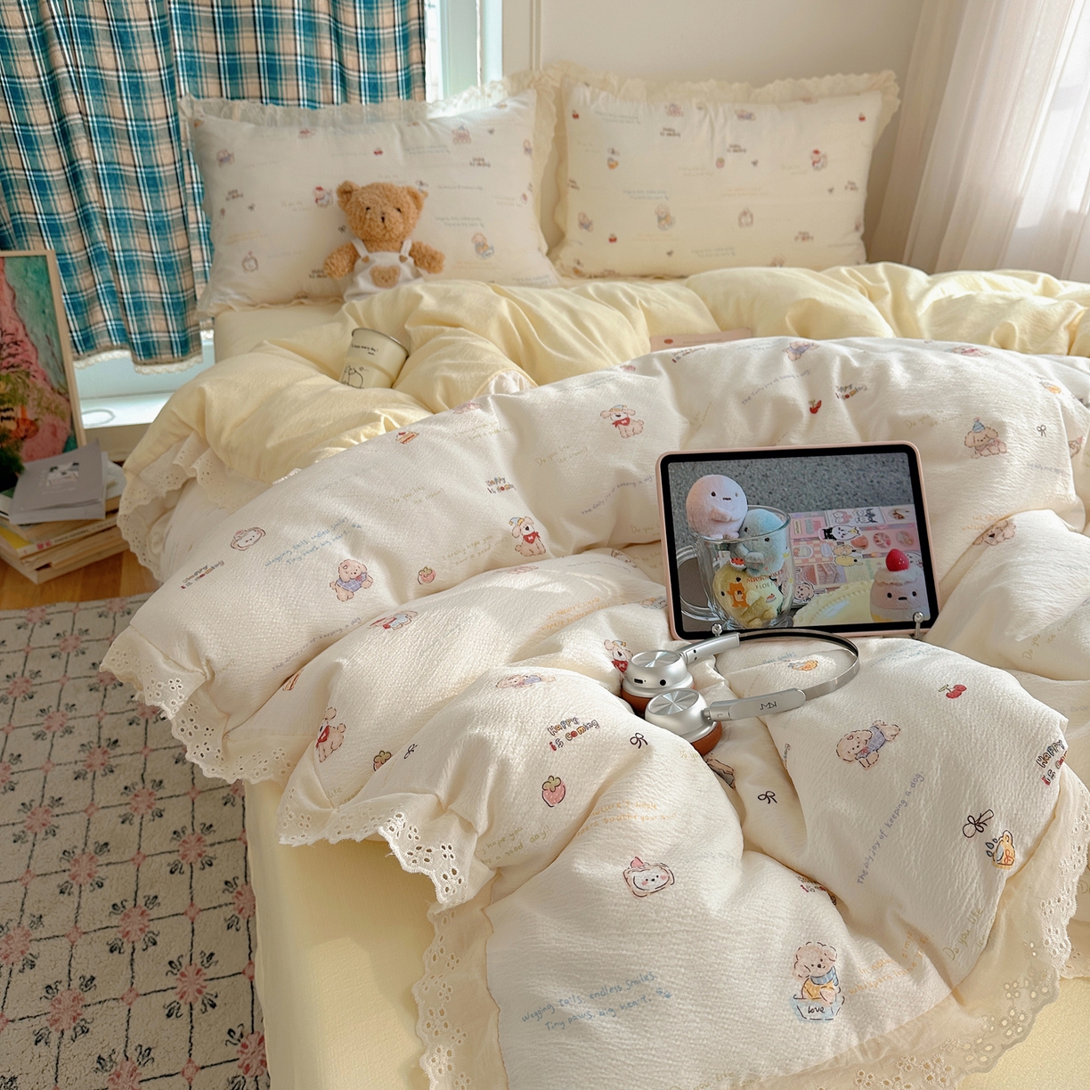 91家纺网 家纺一手货源 找家纺 （总）仟网汇 2026新款彩色花边皱皱纱四件套