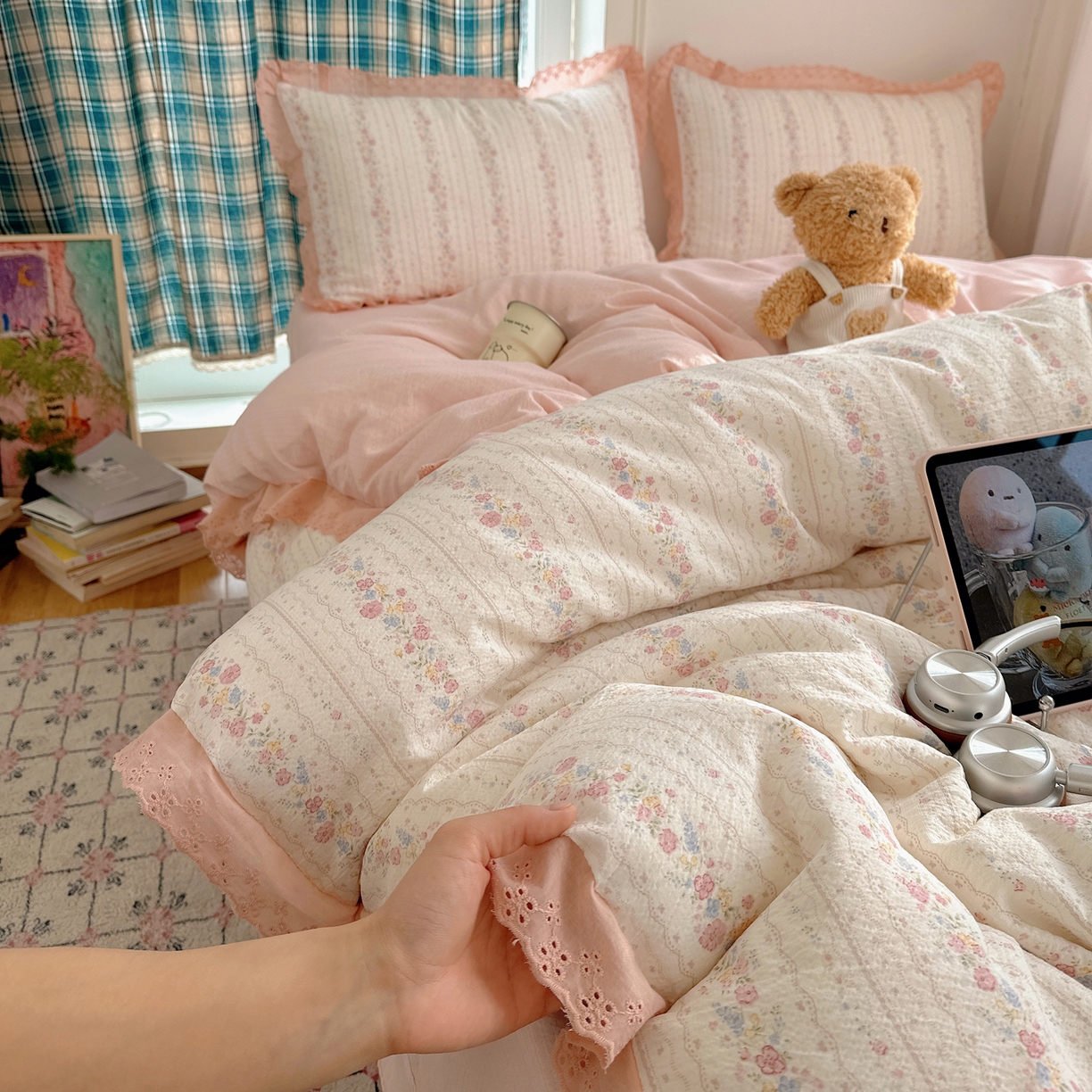 91家纺网 家纺一手货源 找家纺 （总）仟网汇 2026新款彩色花边皱皱纱四件套