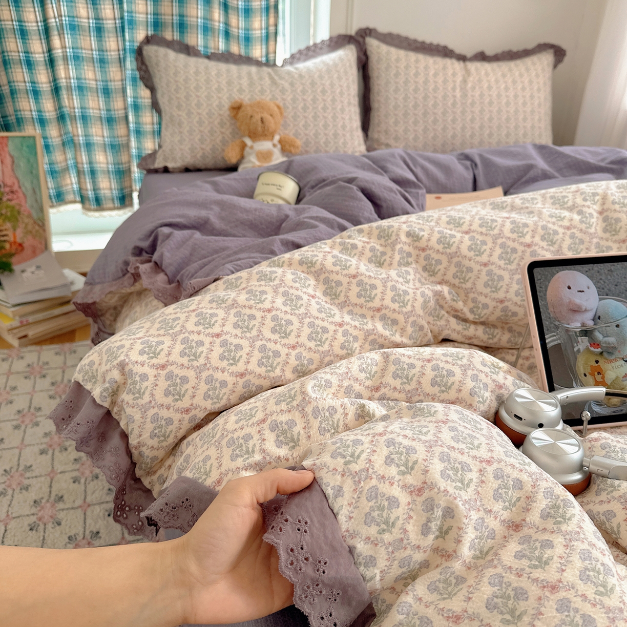 91家纺网 家纺一手货源 找家纺 （总）仟网汇 2026新款彩色花边皱皱纱四件套