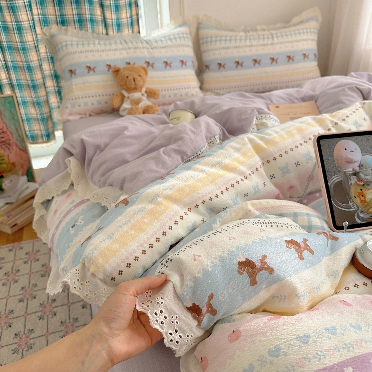 91家纺网 家纺一手货源 找家纺 （总）仟网汇 2026新款彩色花边皱皱纱四件套